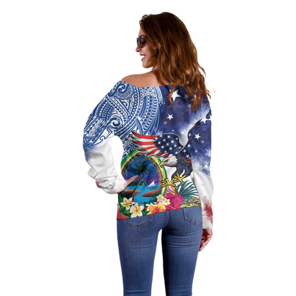 Guam and United States Together Off Shoulder Sweater Bald Eagle and Guam Seal with Flower and Tribal Tattoos LT03 - Polynesian Pride