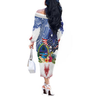 Guam and United States Together Off The Shoulder Long Sleeve Dress Bald Eagle and Guam Seal with Flower and Tribal Tattoos LT03 - Polynesian Pride