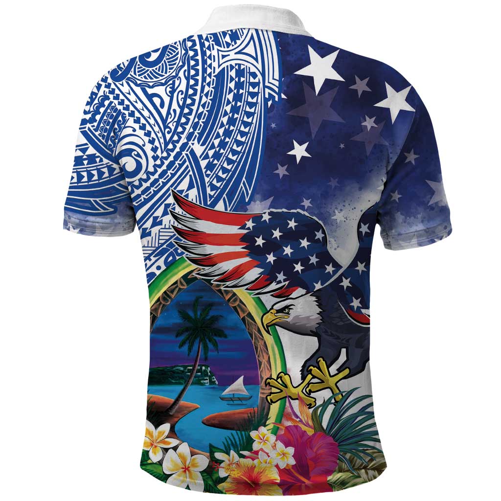 Guam and United States Together Polo Shirt Bald Eagle and Guam Seal with Flower and Tribal Tattoos - Polynesian Pride