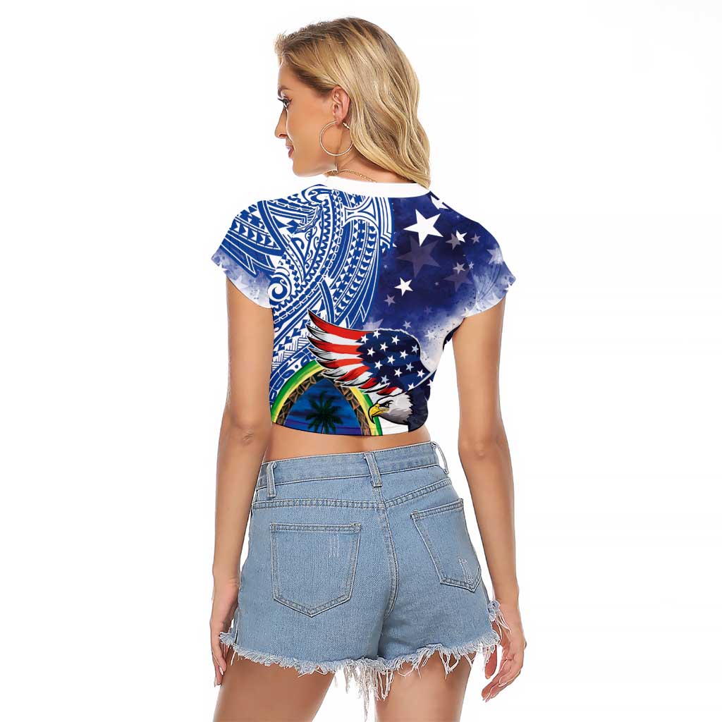 Guam and United States Together Raglan Cropped T Shirt Bald Eagle and Guam Seal with Flower and Tribal Tattoos LT03 - Polynesian Pride