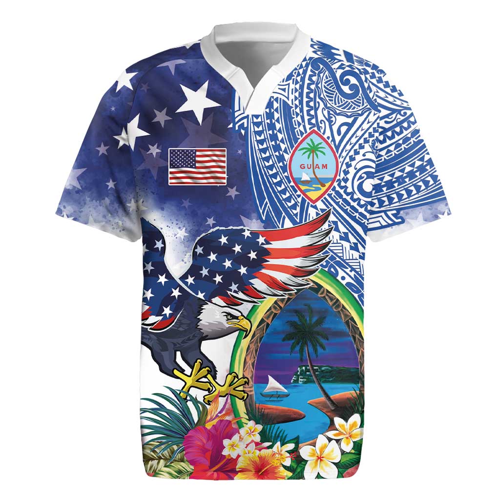 Guam and United States Together Rugby Jersey Bald Eagle and Guam Seal with Flower and Tribal Tattoos - Polynesian Pride