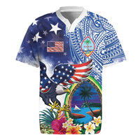 Guam and United States Together Rugby Jersey Bald Eagle and Guam Seal with Flower and Tribal Tattoos - Polynesian Pride