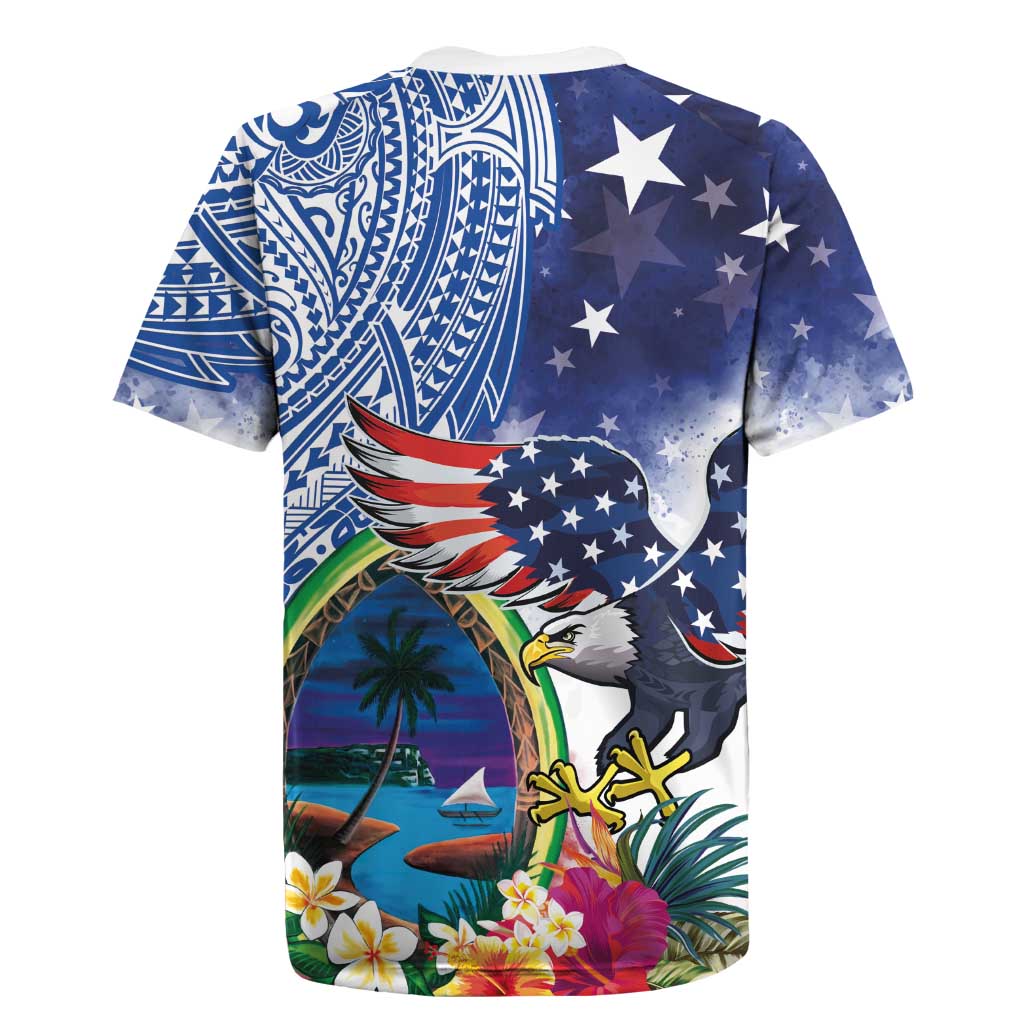 Guam and United States Together Rugby Jersey Bald Eagle and Guam Seal with Flower and Tribal Tattoos - Polynesian Pride
