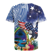 Guam and United States Together Rugby Jersey Bald Eagle and Guam Seal with Flower and Tribal Tattoos - Polynesian Pride