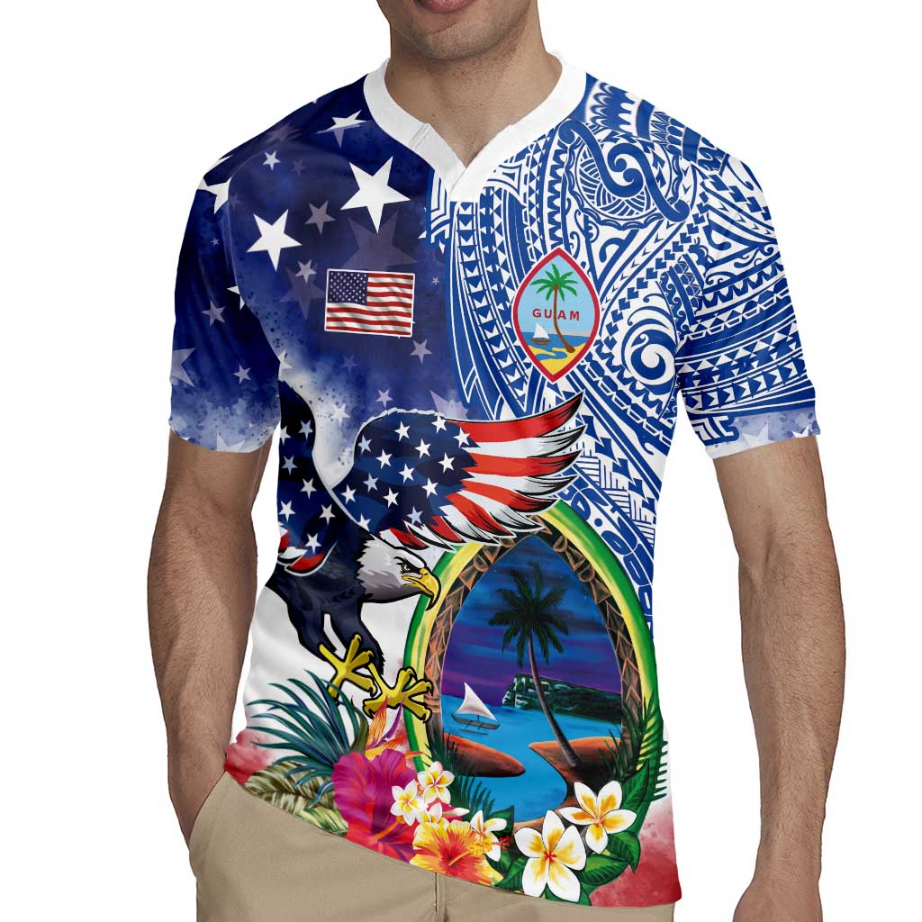 Guam and United States Together Rugby Jersey Bald Eagle and Guam Seal with Flower and Tribal Tattoos - Polynesian Pride