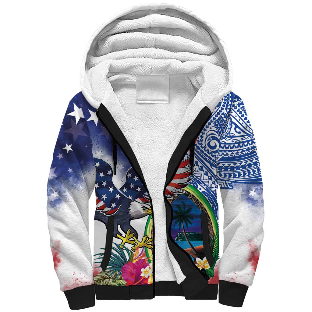 Guam and United States Together Sherpa Hoodie Bald Eagle and Guam Seal with Flower and Tribal Tattoos LT03 Unisex Multicolor - Polynesian Pride