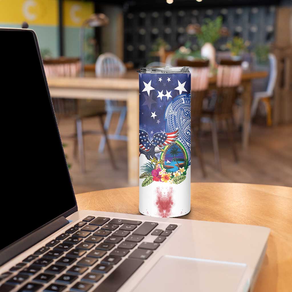 Guam and United States Together Skinny Tumbler Bald Eagle and Guam Seal with Flower and Tribal Tattoos LT03 - Polynesian Pride