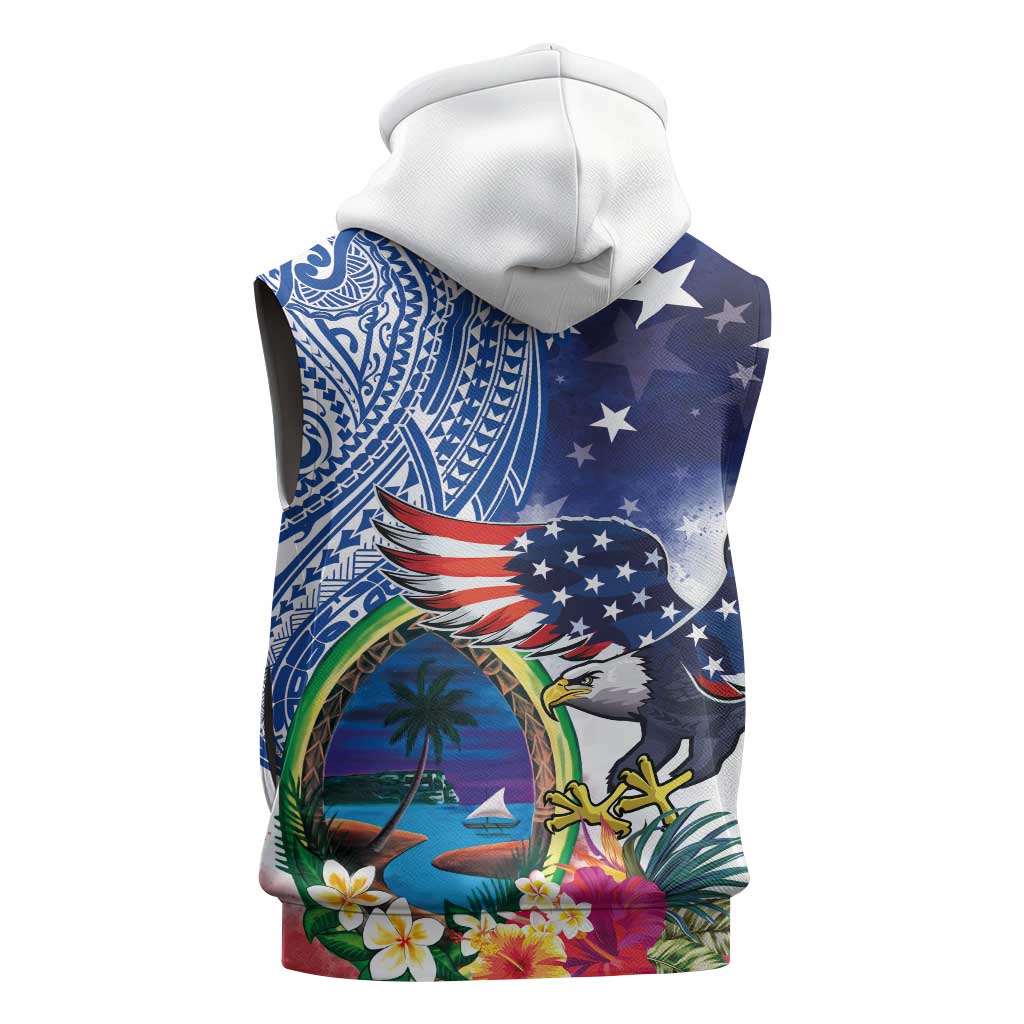Guam and United States Together Sleeveless Hoodie Bald Eagle and Guam Seal with Flower and Tribal Tattoos LT03 - Polynesian Pride