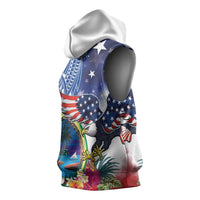 Guam and United States Together Sleeveless Hoodie Bald Eagle and Guam Seal with Flower and Tribal Tattoos LT03 - Polynesian Pride