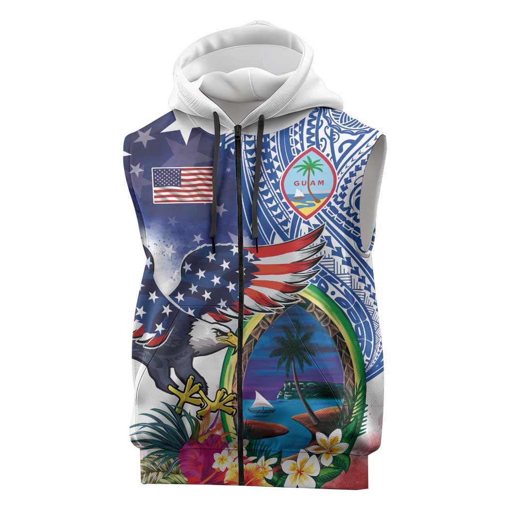 Guam and United States Together Sleeveless Zip Hoodie Bald Eagle and Guam Seal with Flower and Tribal Tattoos LT03 Multicolor - Polynesian Pride