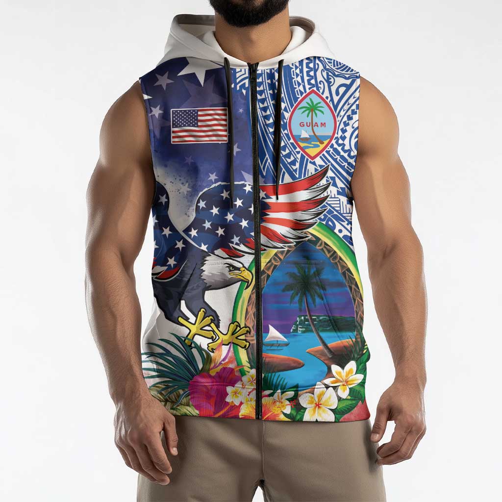 Guam and United States Together Sleeveless Zip Hoodie Bald Eagle and Guam Seal with Flower and Tribal Tattoos LT03 - Polynesian Pride