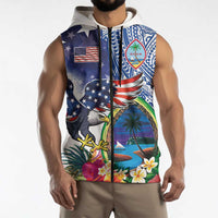Guam and United States Together Sleeveless Zip Hoodie Bald Eagle and Guam Seal with Flower and Tribal Tattoos LT03 - Polynesian Pride