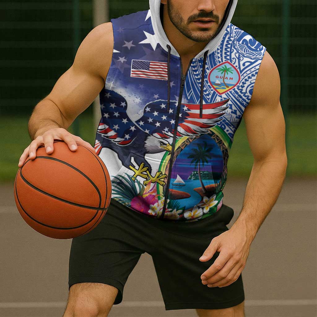 Guam and United States Together Sleeveless Zip Hoodie Bald Eagle and Guam Seal with Flower and Tribal Tattoos LT03 - Polynesian Pride