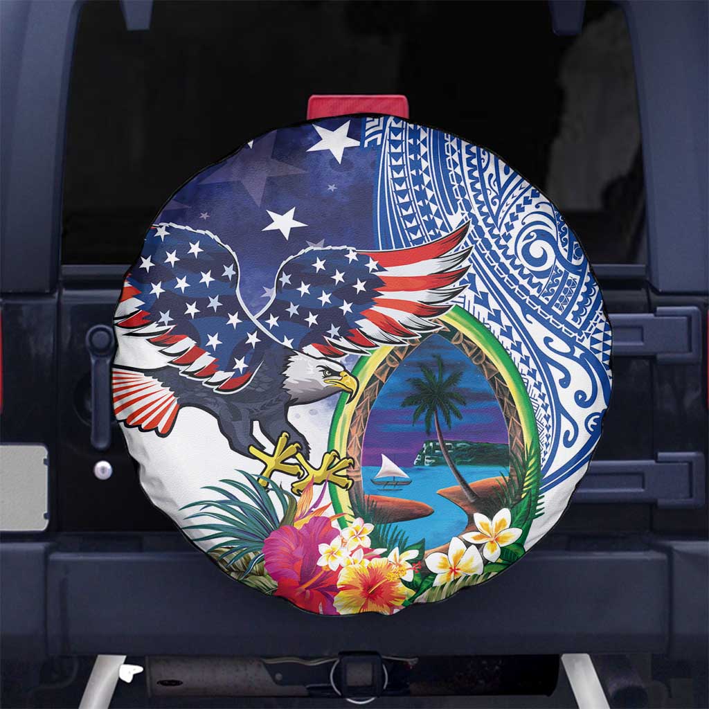 Guam and United States Together Spare Tire Cover Bald Eagle and Guam Seal with Flower and Tribal Tattoos LT03 No hole Multicolor - Polynesian Pride