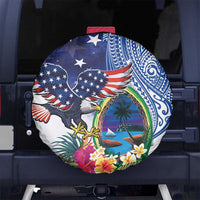 Guam and United States Together Spare Tire Cover Bald Eagle and Guam Seal with Flower and Tribal Tattoos LT03 No hole Multicolor - Polynesian Pride