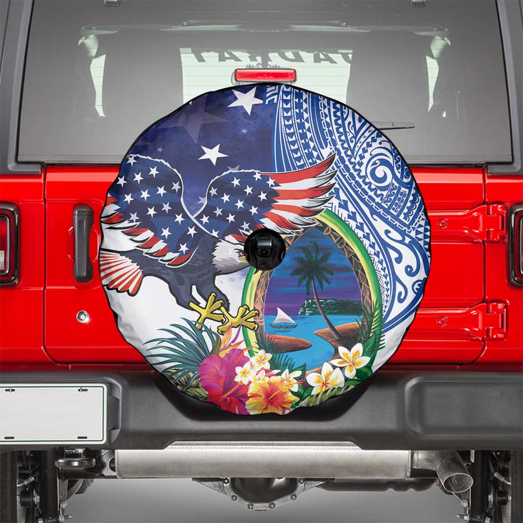 Guam and United States Together Spare Tire Cover Bald Eagle and Guam Seal with Flower and Tribal Tattoos LT03 - Polynesian Pride