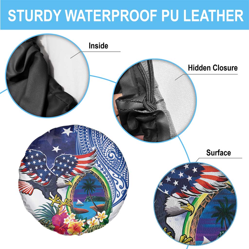 Guam and United States Together Spare Tire Cover Bald Eagle and Guam Seal with Flower and Tribal Tattoos LT03 - Polynesian Pride