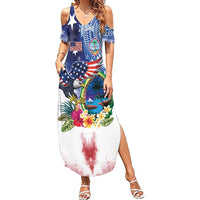 Guam and United States Together Summer Maxi Dress Bald Eagle and Guam Seal with Flower and Tribal Tattoos LT03 Women Multicolor - Polynesian Pride