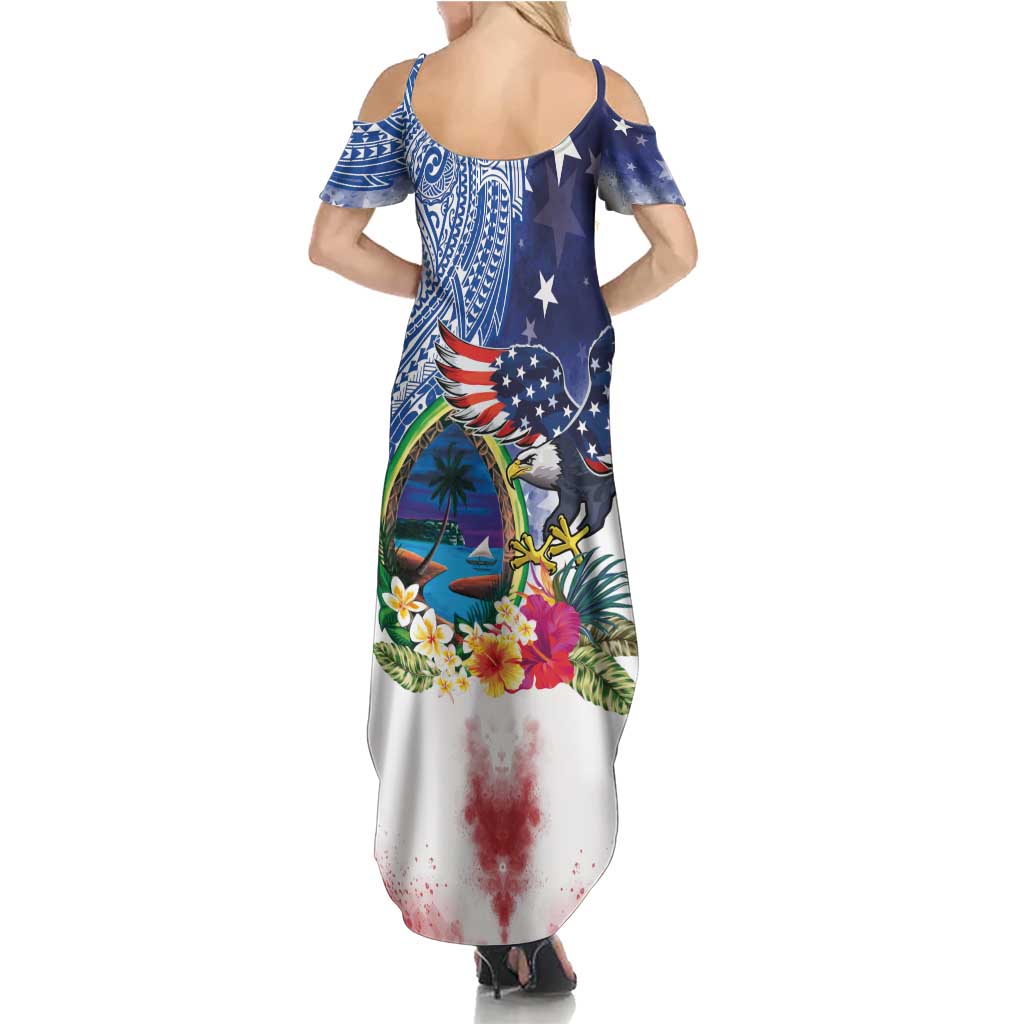 Guam and United States Together Summer Maxi Dress Bald Eagle and Guam Seal with Flower and Tribal Tattoos LT03 - Polynesian Pride
