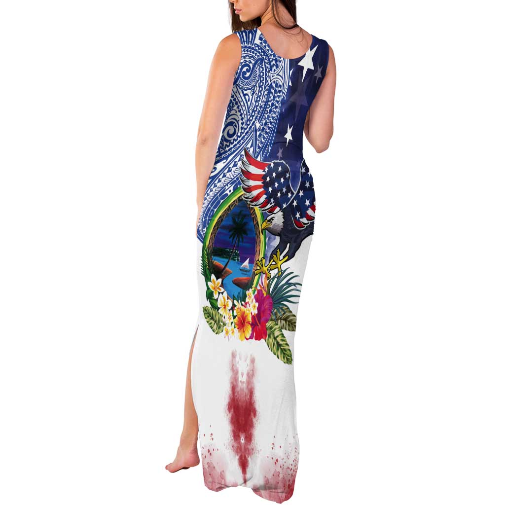 Guam and United States Together Tank Maxi Dress Bald Eagle and Guam Seal with Flower and Tribal Tattoos LT03 - Polynesian Pride