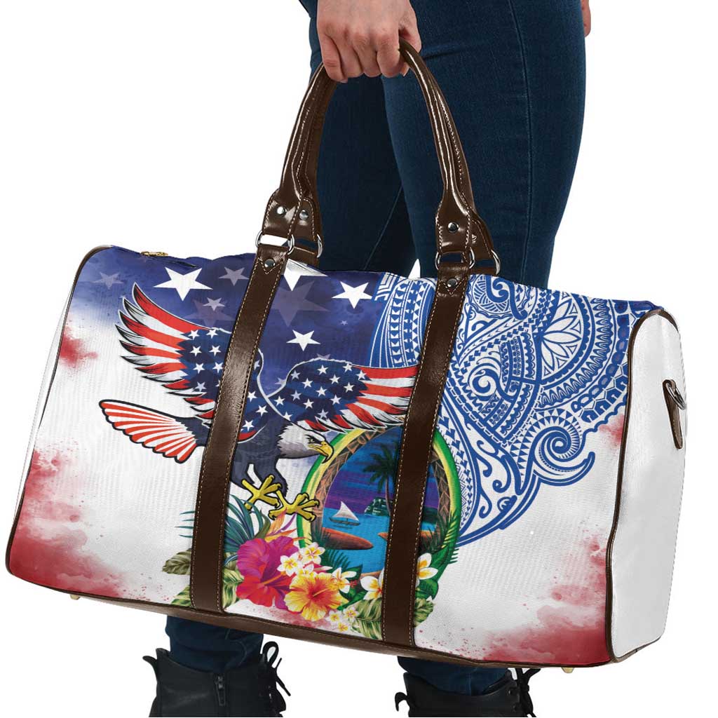 Guam and United States Together Travel Bag Bald Eagle and Guam Seal with Flower and Tribal Tattoos - Polynesian Pride