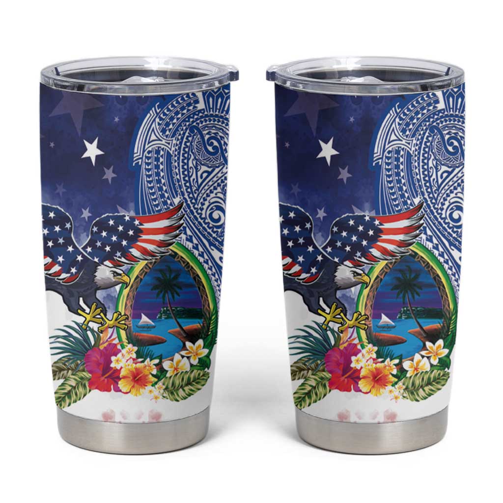 Guam and United States Together Tumbler Cup Bald Eagle and Guam Seal with Flower and Tribal Tattoos LT03 Multicolor - Polynesian Pride