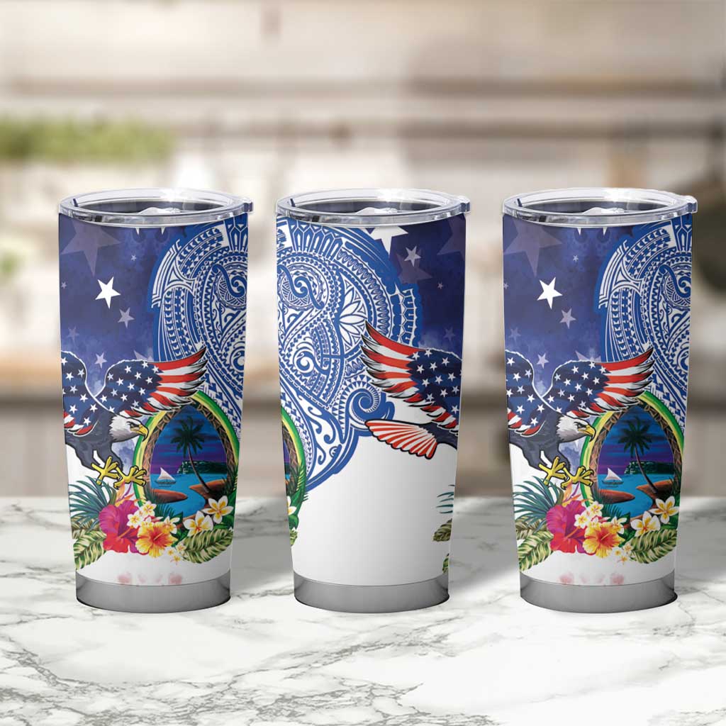Guam and United States Together Tumbler Cup Bald Eagle and Guam Seal with Flower and Tribal Tattoos LT03 - Polynesian Pride