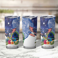 Guam and United States Together Tumbler Cup Bald Eagle and Guam Seal with Flower and Tribal Tattoos LT03 - Polynesian Pride
