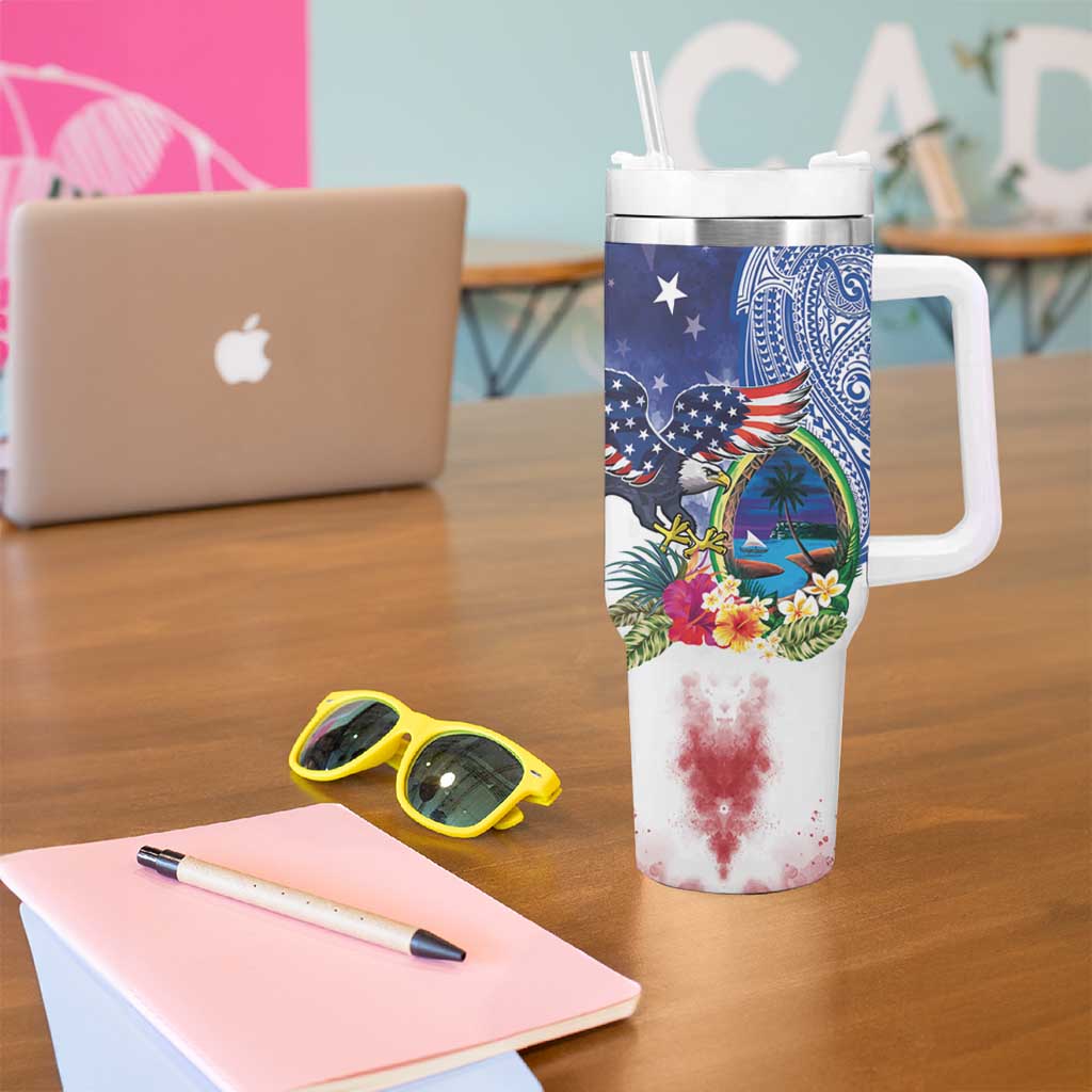 Guam and United States Together Tumbler With Handle Bald Eagle and Guam Seal with Flower and Tribal Tattoos LT03 - Polynesian Pride