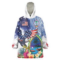 Guam and United States Together Wearable Blanket Hoodie Bald Eagle and Guam Seal with Flower and Tribal Tattoos LT03 One Size Multicolor - Polynesian Pride