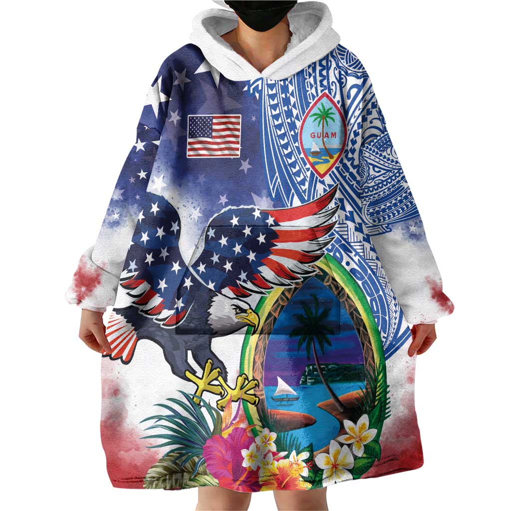 Guam and United States Together Wearable Blanket Hoodie Bald Eagle and Guam Seal with Flower and Tribal Tattoos LT03 - Polynesian Pride