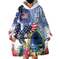 Guam and United States Together Wearable Blanket Hoodie Bald Eagle and Guam Seal with Flower and Tribal Tattoos LT03 - Polynesian Pride