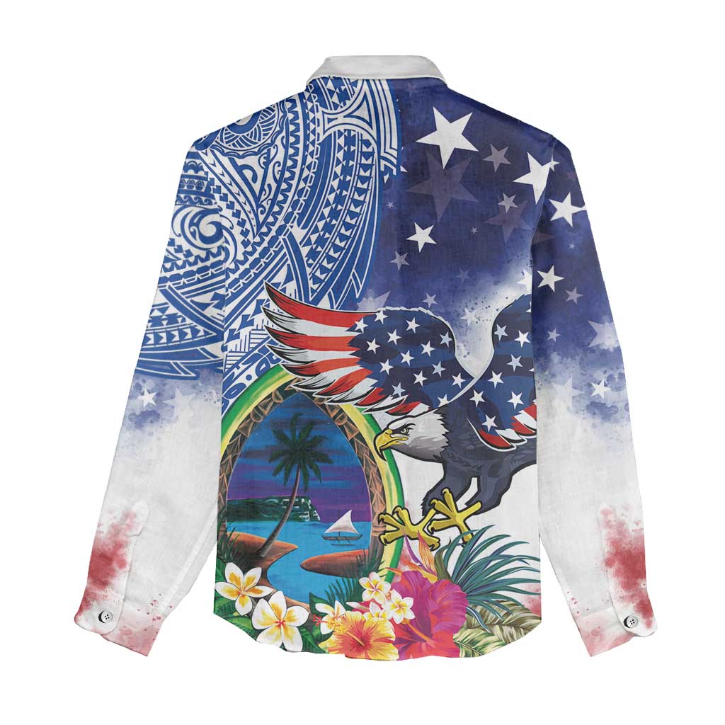 Guam and United States Together Women Casual Shirt Bald Eagle and Guam Seal with Flower and Tribal Tattoos LT03 - Polynesian Pride