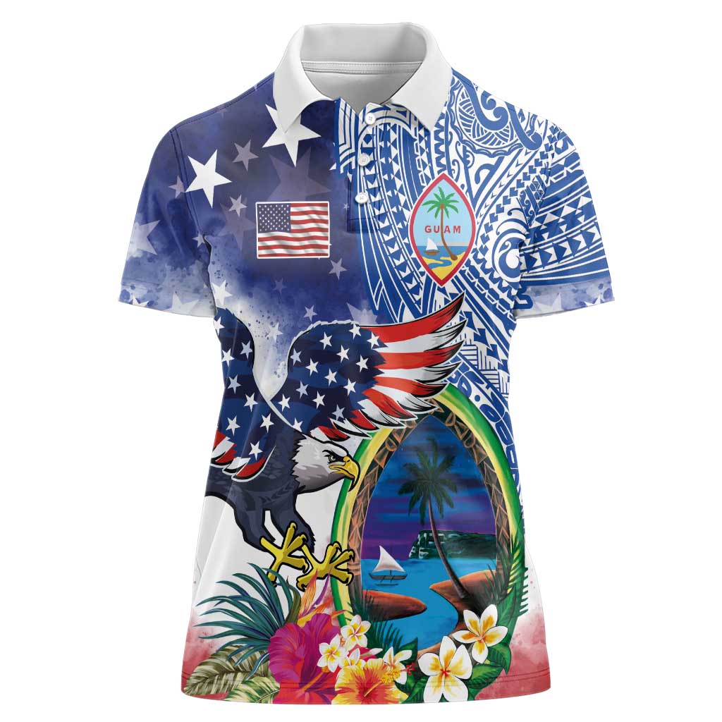 Guam and United States Together Women Polo Shirt Bald Eagle and Guam Seal with Flower and Tribal Tattoos LT03 Female Multicolor - Polynesian Pride