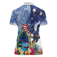 Guam and United States Together Women Polo Shirt Bald Eagle and Guam Seal with Flower and Tribal Tattoos LT03 - Polynesian Pride