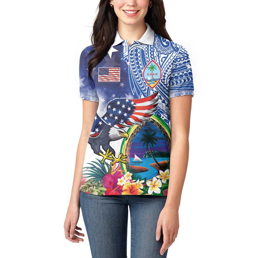 Guam and United States Together Women Polo Shirt Bald Eagle and Guam Seal with Flower and Tribal Tattoos LT03 - Polynesian Pride