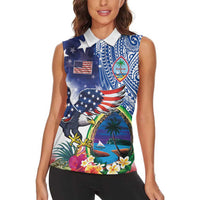 Guam and United States Together Women Sleeveless Polo Shirt Bald Eagle and Guam Seal with Flower and Tribal Tattoos - Polynesian Pride