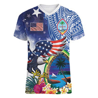 Guam and United States Together Women V-Neck T-Shirt Bald Eagle and Guam Seal with Flower and Tribal Tattoos LT03 Female Multicolor - Polynesian Pride