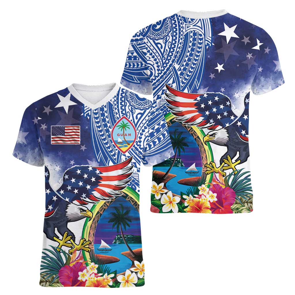 Guam and United States Together Women V-Neck T-Shirt Bald Eagle and Guam Seal with Flower and Tribal Tattoos LT03 - Polynesian Pride
