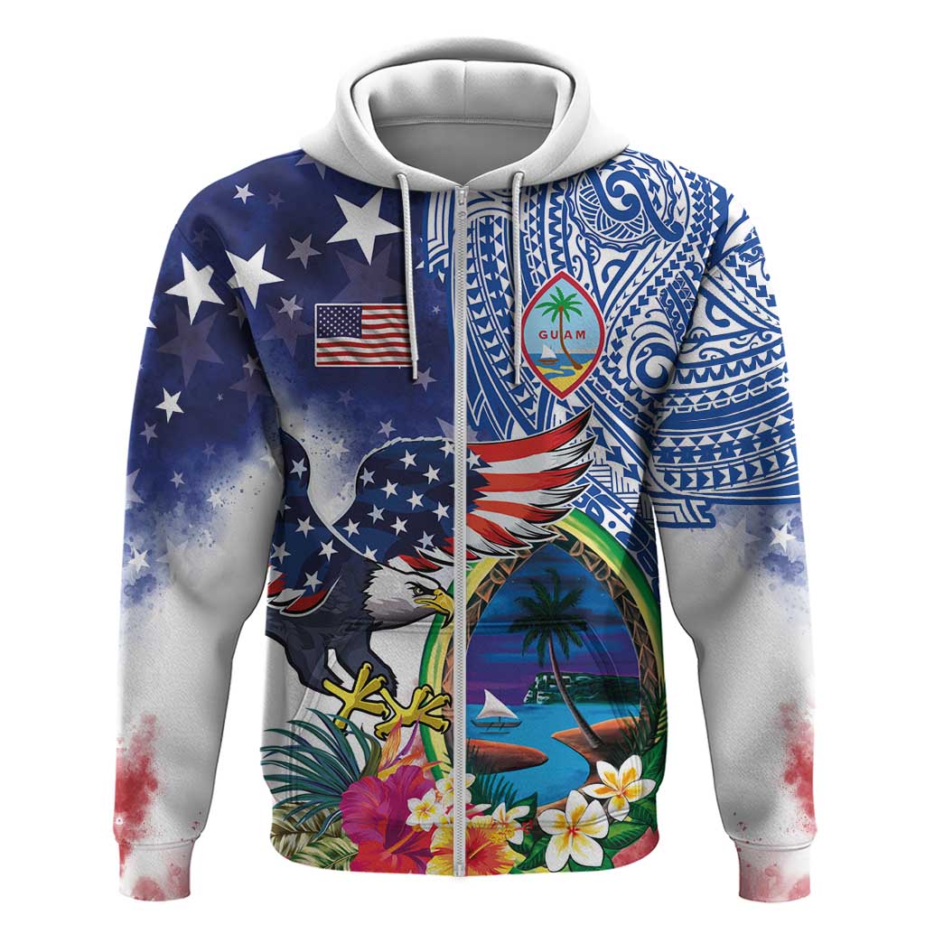 Guam and United States Together Zip Hoodie Bald Eagle and Guam Seal with Flower and Tribal Tattoos LT03 Zip Hoodie Multicolor - Polynesian Pride