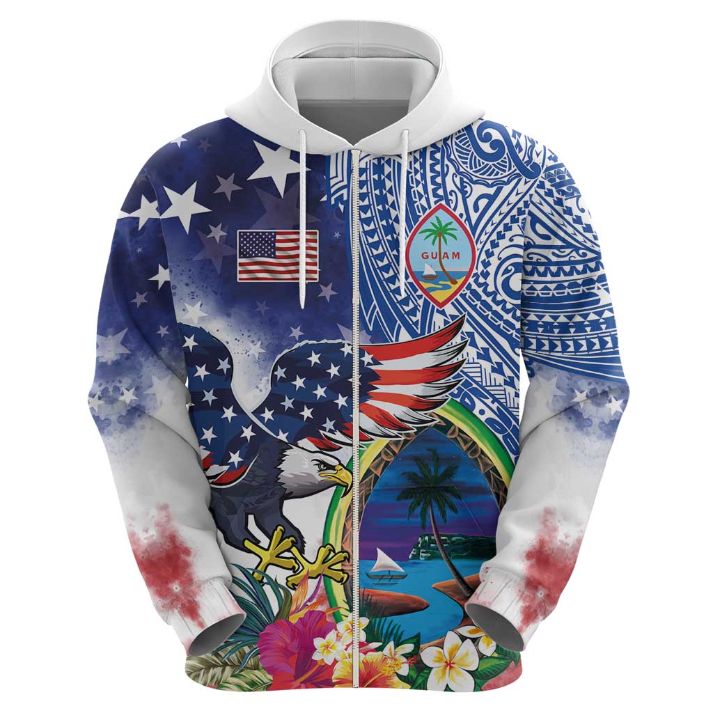 Guam and United States Together Zip Hoodie Bald Eagle and Guam Seal with Flower and Tribal Tattoos LT03 - Polynesian Pride