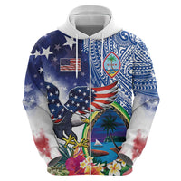 Guam and United States Together Zip Hoodie Bald Eagle and Guam Seal with Flower and Tribal Tattoos LT03 - Polynesian Pride
