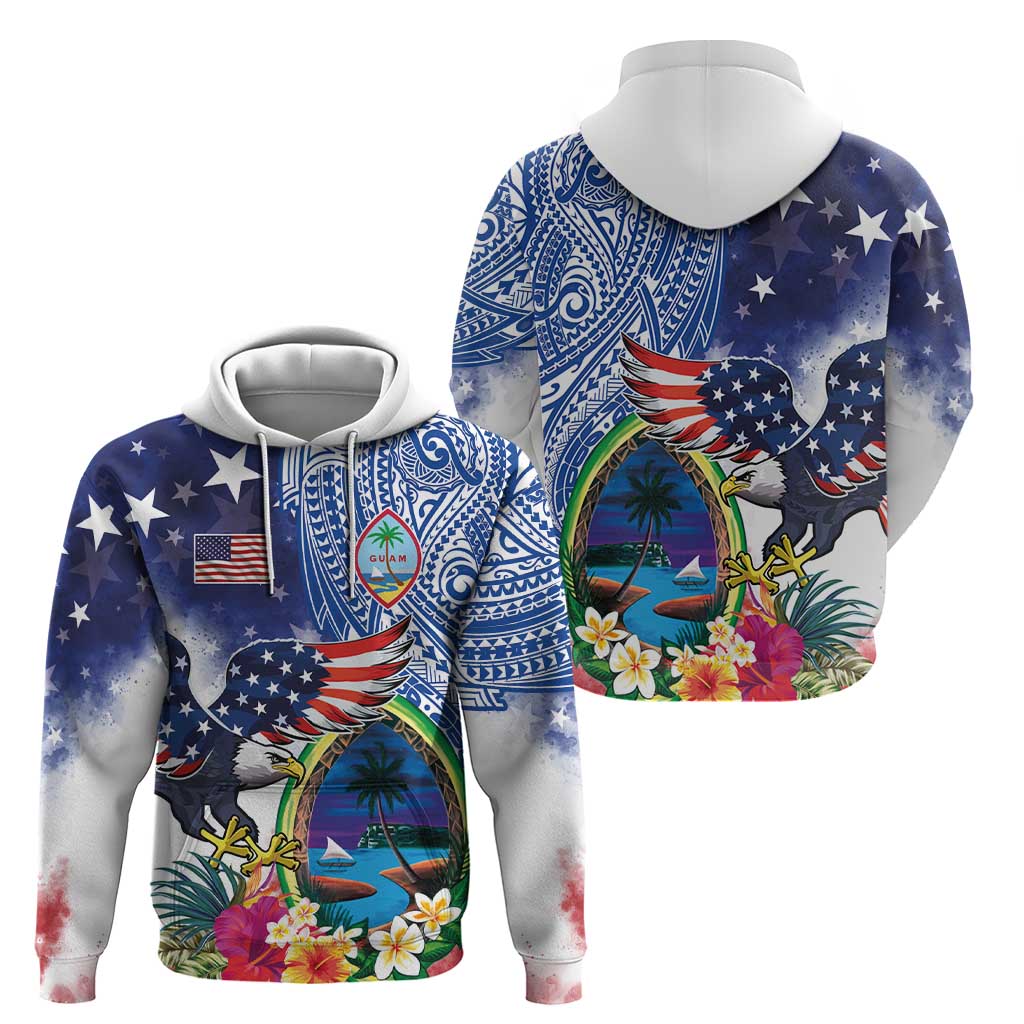 Guam and United States Together Zip Hoodie Bald Eagle and Guam Seal with Flower and Tribal Tattoos LT03 - Polynesian Pride