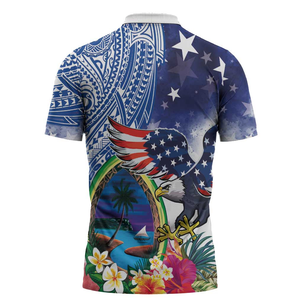 Guam and United States Together Zipper Polo Shirt Bald Eagle and Guam Seal with Flower and Tribal Tattoos LT03 - Polynesian Pride