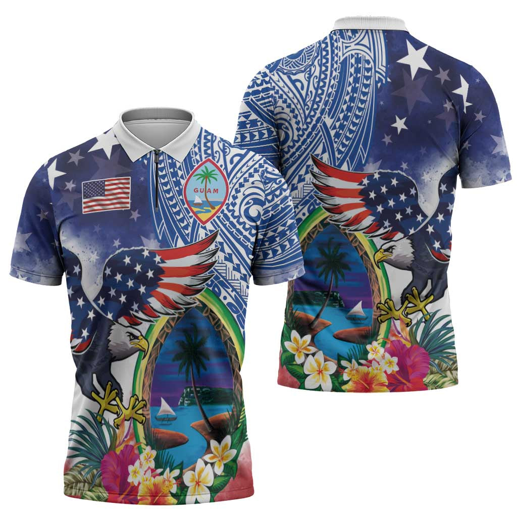 Guam and United States Together Zipper Polo Shirt Bald Eagle and Guam Seal with Flower and Tribal Tattoos LT03 - Polynesian Pride