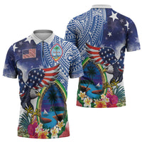 Guam and United States Together Zipper Polo Shirt Bald Eagle and Guam Seal with Flower and Tribal Tattoos LT03 - Polynesian Pride