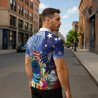 Guam and United States Together Zipper Polo Shirt Bald Eagle and Guam Seal with Flower and Tribal Tattoos LT03 - Polynesian Pride