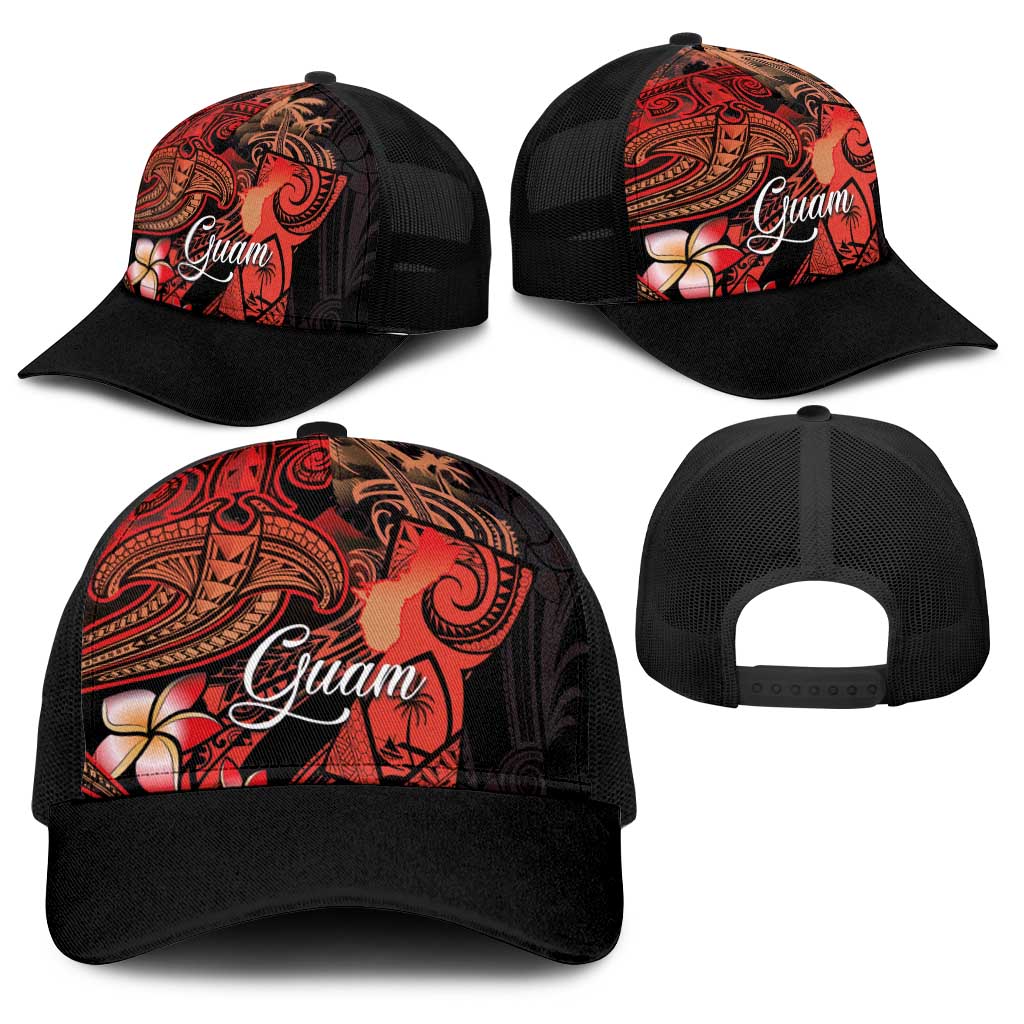 Guam Tribal Chamorro Baseball Net Cap Polynesian Shark with Plumeria and Sea Vibe LT03 - Polynesian Pride