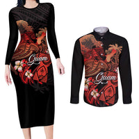 Guam Tribal Chamorro Couples Matching Long Sleeve Bodycon Dress and Long Sleeve Button Shirt Polynesian Shark with Plumeria and Sea Vibe LT03 Black - Polynesian Pride