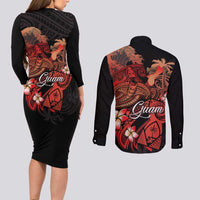 Guam Tribal Chamorro Couples Matching Long Sleeve Bodycon Dress and Long Sleeve Button Shirt Polynesian Shark with Plumeria and Sea Vibe LT03 - Polynesian Pride